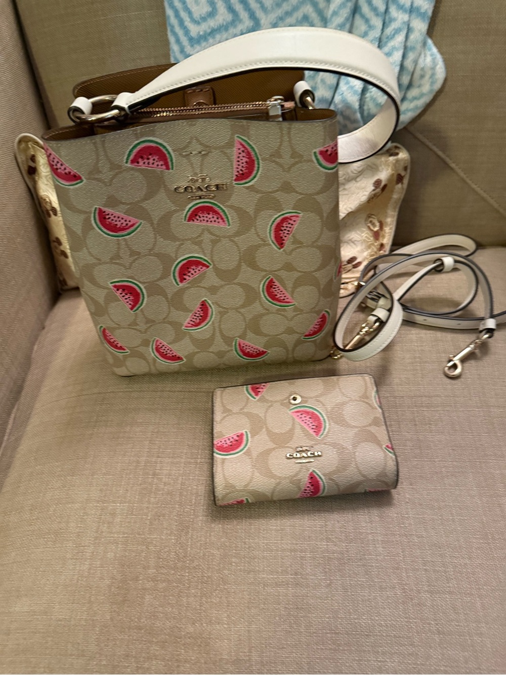 Coach Beige Signature Canvas Crossbody with Watermelon Print and White Strap and